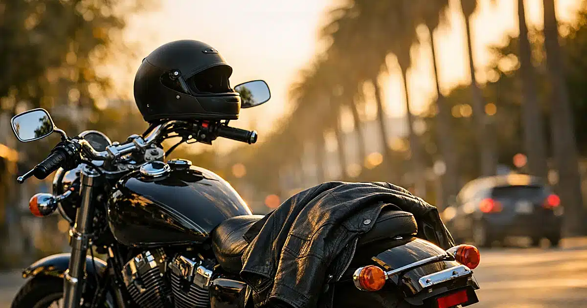 Vintage motorcycle parked on West Hollywood street with leather jacket and helmet at golden hour