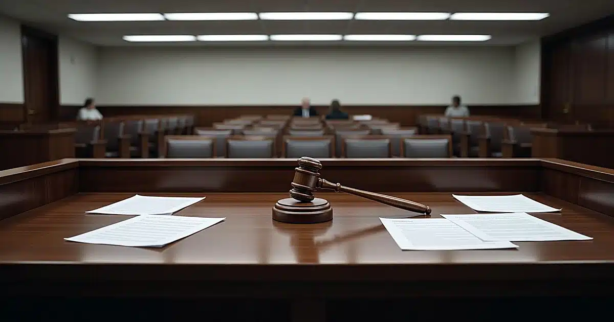 Courtroom judge's bench with gavel striking sound block, scattered legal documents, empty gallery seats in background