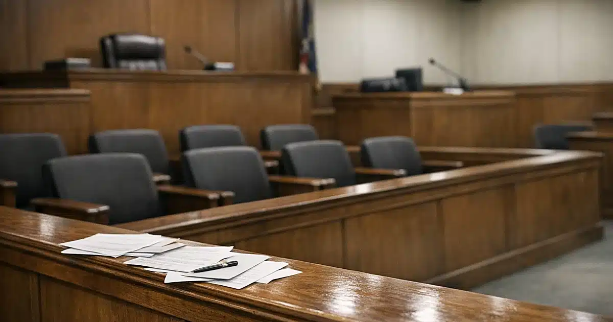 Empty jury box with twelve vacant chairs in a Massachusetts courtroom interior with scattered deliberation papers