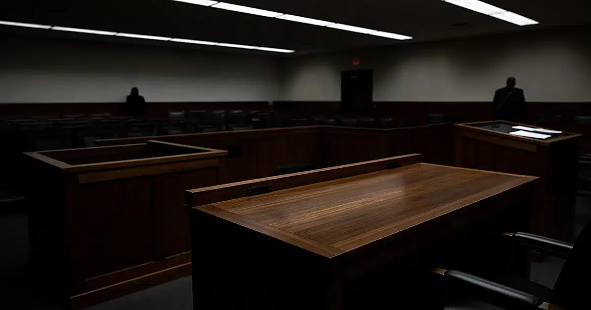 Empty courtroom interior showing judge's bench and witness stand in dramatic lighting