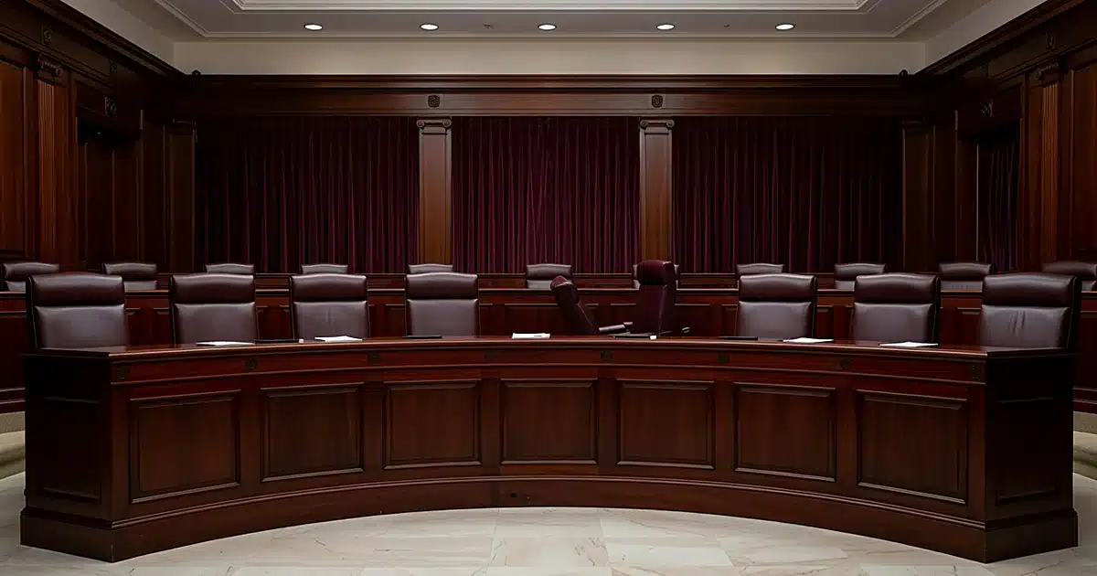 Empty Supreme Court bench with nine chairs, one pushed back creating a gap in the judicial lineup
