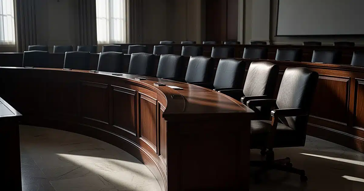 Empty Supreme Court chamber with eight chairs at the bench and one vacant seat pushed back, lit by dramatic window light