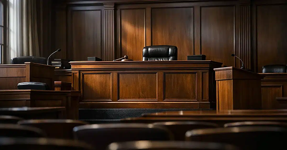 Empty federal courtroom interior with judge's bench and witness stand in dramatic natural lighting