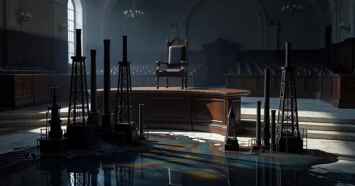 Empty judge's chair behind bench with oil derricks and industrial smokestacks silhouetted in foreground