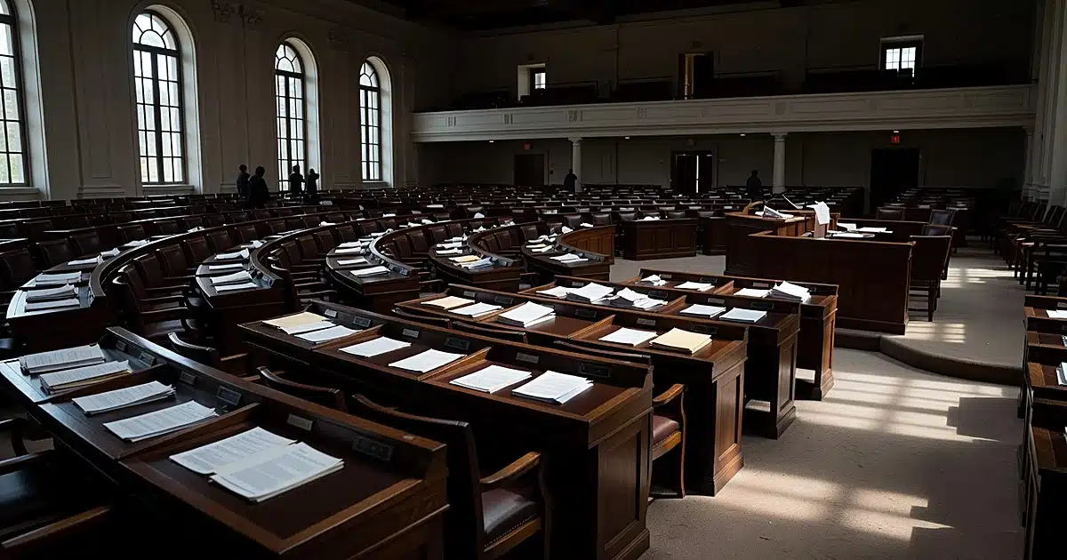 Empty state legislative chamber with scattered papers on desks and dramatic window lighting
