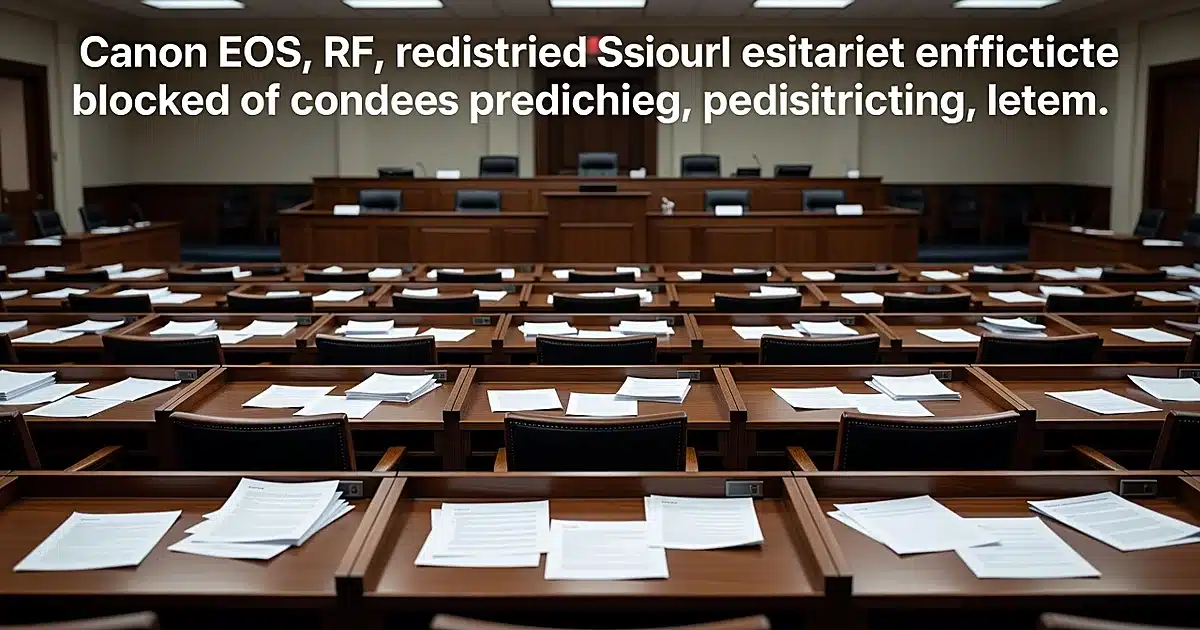 Empty legislative chamber with scattered papers on desks under fluorescent lighting