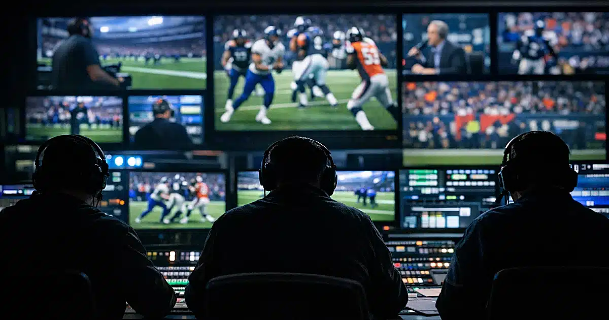 Broadcast control room with monitors showing live sports coverage, silhouetted operators at control desk