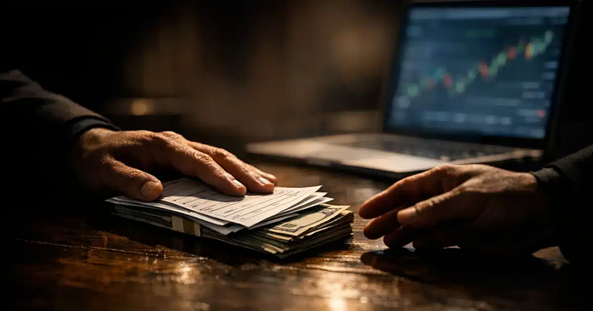 Hand sliding cash and betting slips across table with laptop glowing in background