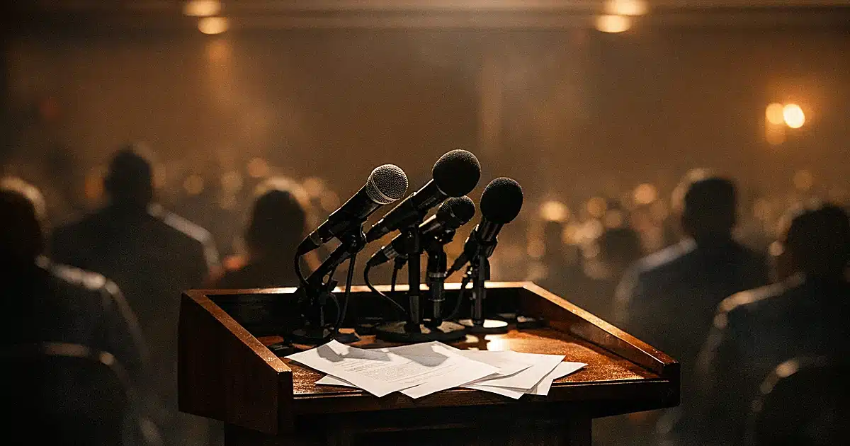 Empty podium with microphones under stage lighting in event hall with silhouetted audience in background