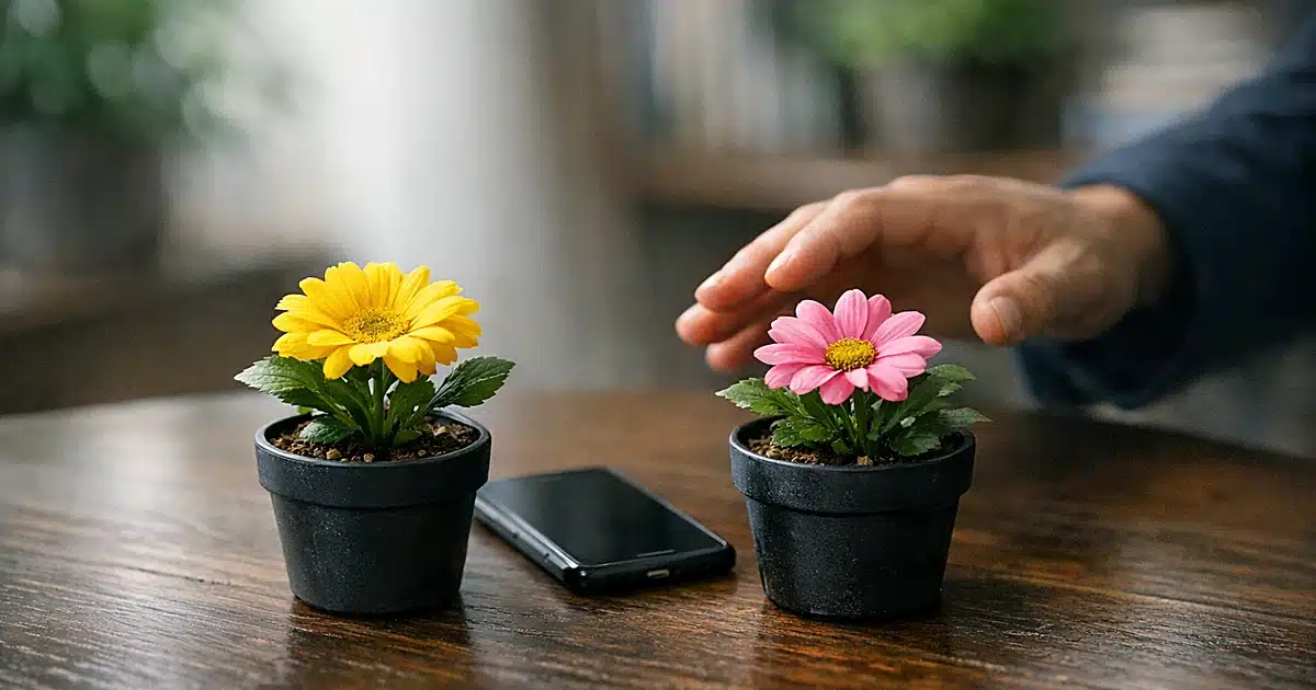 Hand reaching toward yellow and pink potted flowers on table with smartphone between them in soft natural light