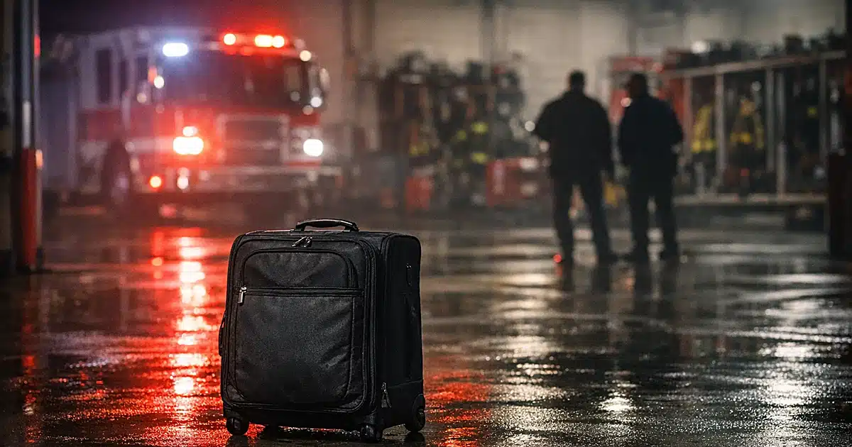Large suitcase on fire station floor with emergency vehicle lights reflecting on wet concrete at night