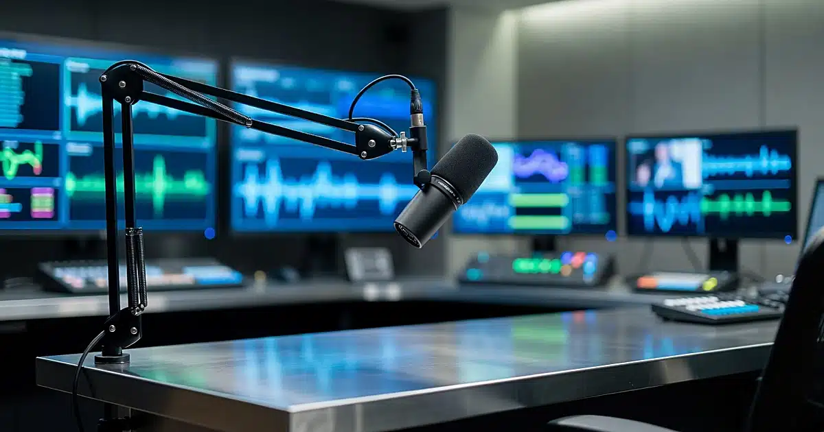 Professional podcast studio with microphone and glowing monitor screens in broadcast control room