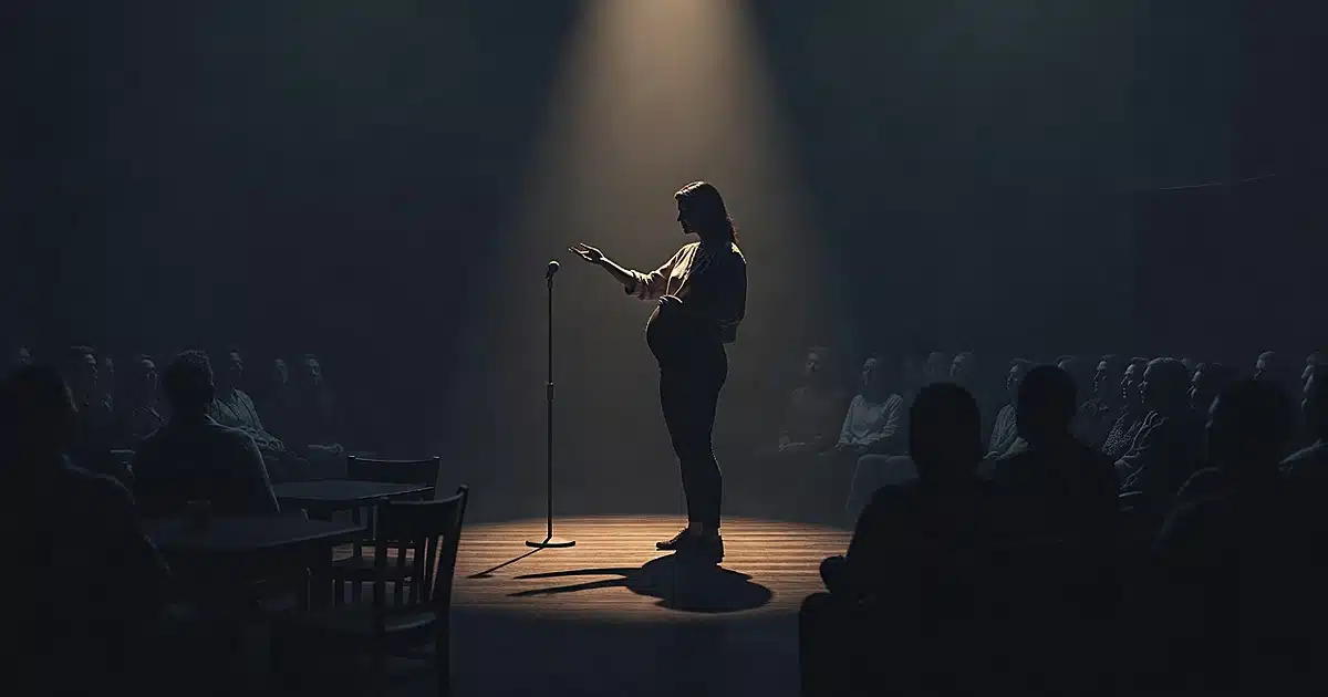 Silhouette of performer on comedy club stage addressing audience in spotlight