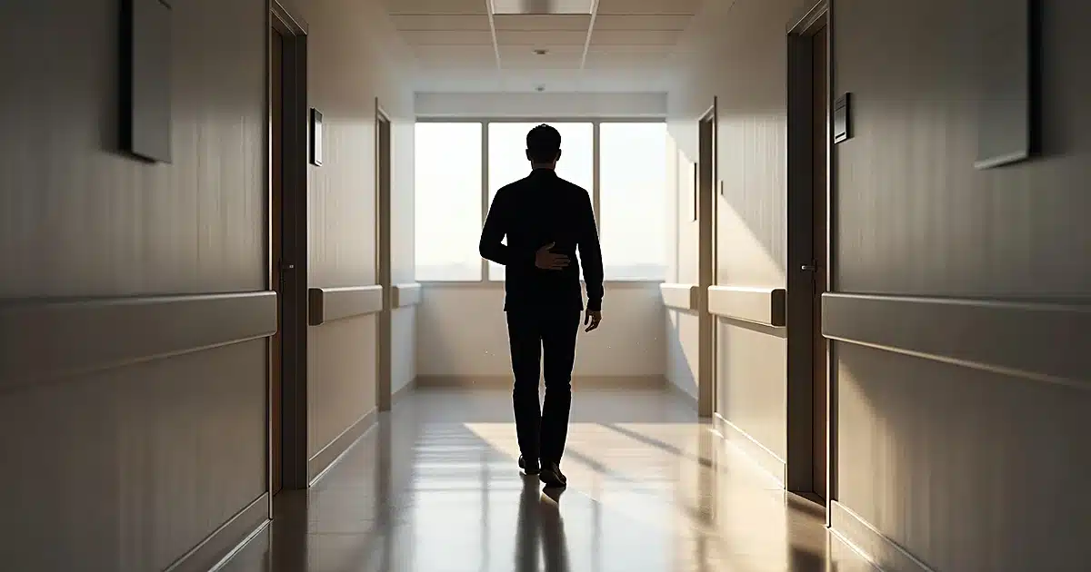 Silhouetted figure walking down bright hospital corridor with hand on midsection, backlit by windows