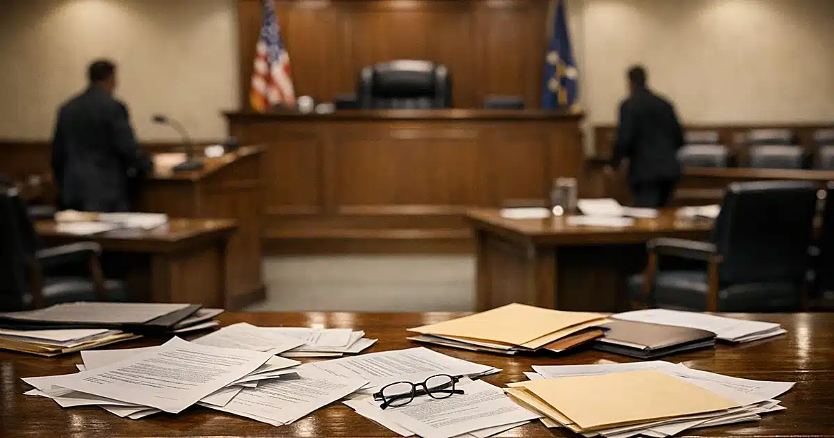 Empty federal courtroom interior with scattered legal documents on tables and judicial bench in background