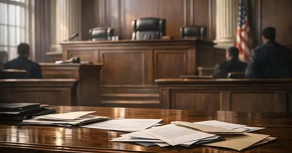 Interior view of federal courtroom bench with scattered legal documents in dramatic window lighting