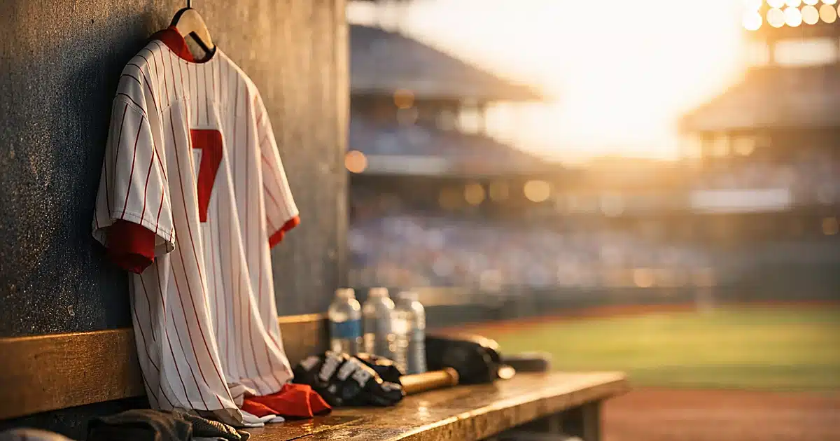Empty baseball dugout with jersey hanging on hook, equipment scattered on bench, stadium blurred in background