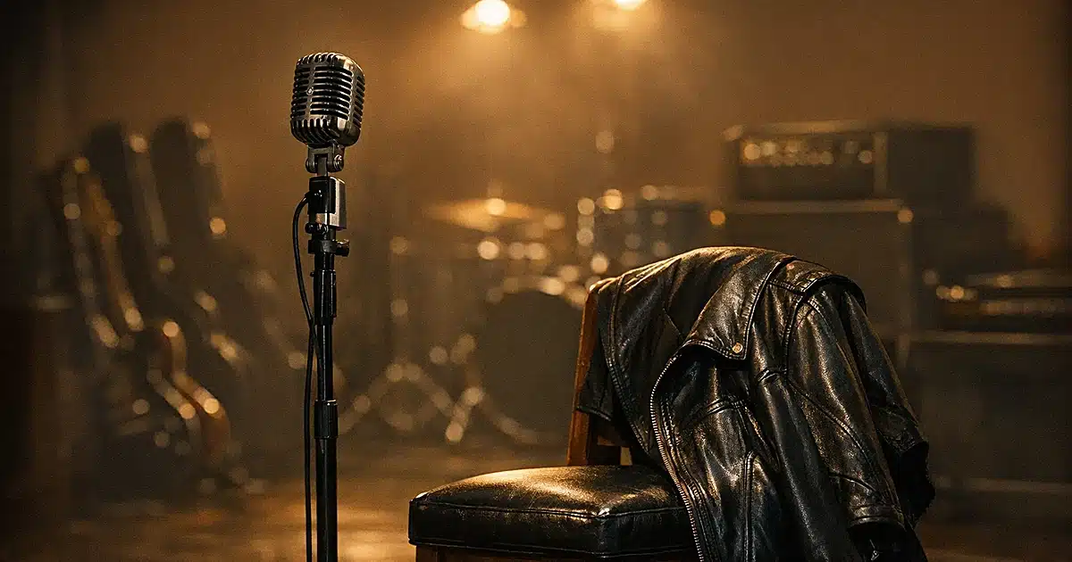 Empty recording studio with microphone stand and leather jacket, suggesting absence and grief in music industry