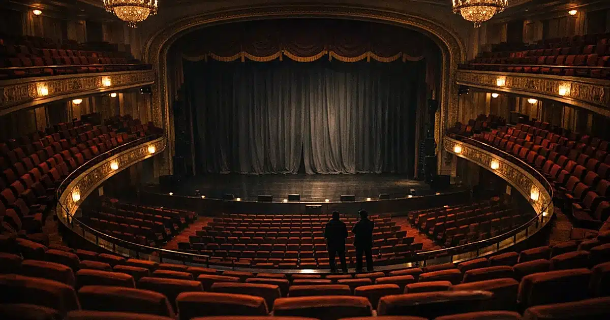Empty theater interior with rows of red seats and dimmed lights viewed from upper balcony