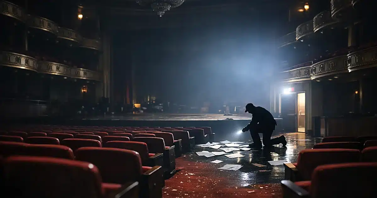Empty theater interior with dark chandeliers and silhouetted worker examining papers in dim emergency lighting