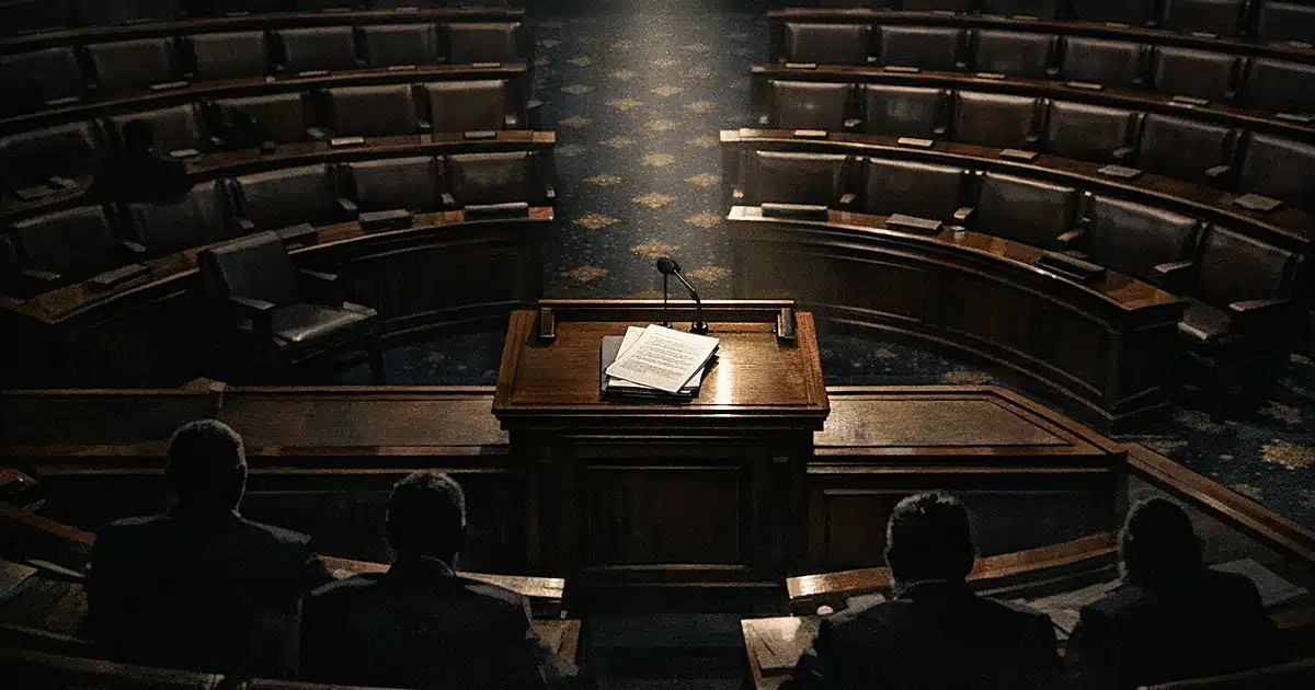 Overhead view of House chamber with document on podium, silhouetted figures at distant desks in dramatic lighting