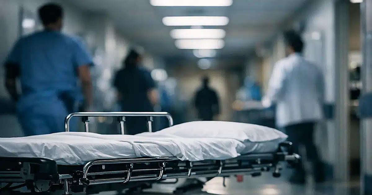 Hospital gurney in fluorescent-lit corridor with medical staff silhouettes in background