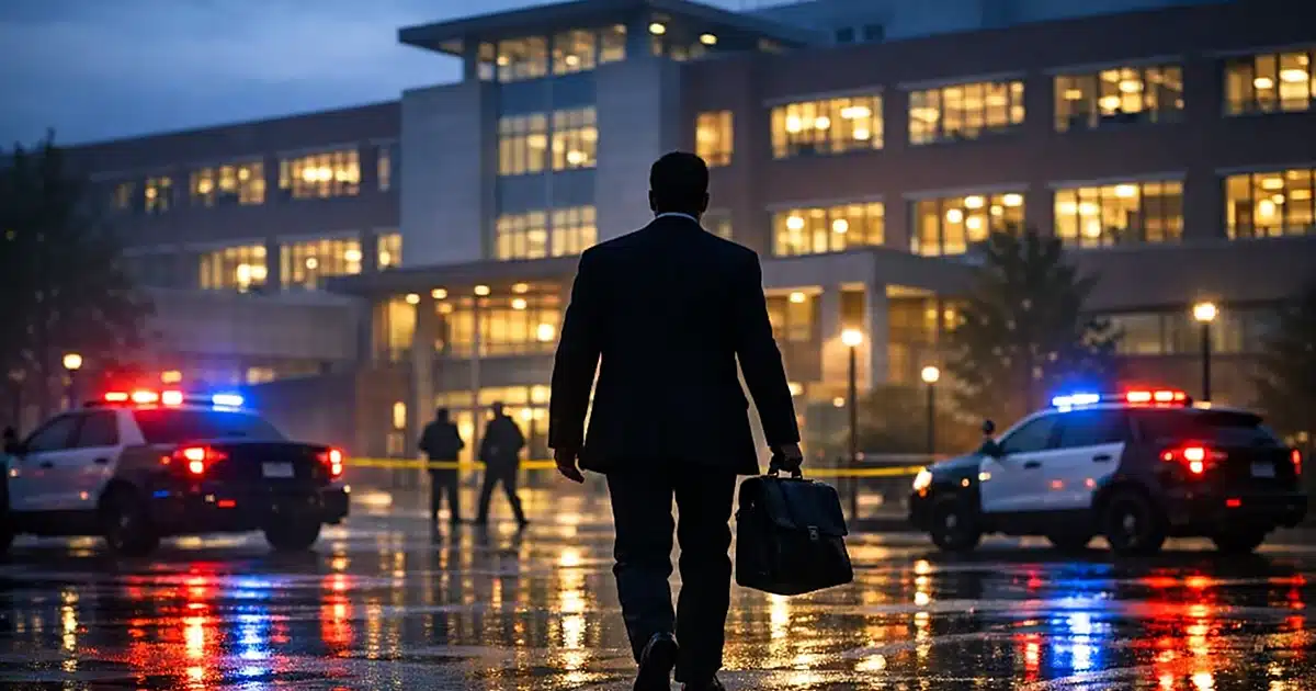 Silhouetted figure walks across university campus courtyard at dusk with police lights reflecting on wet pavement