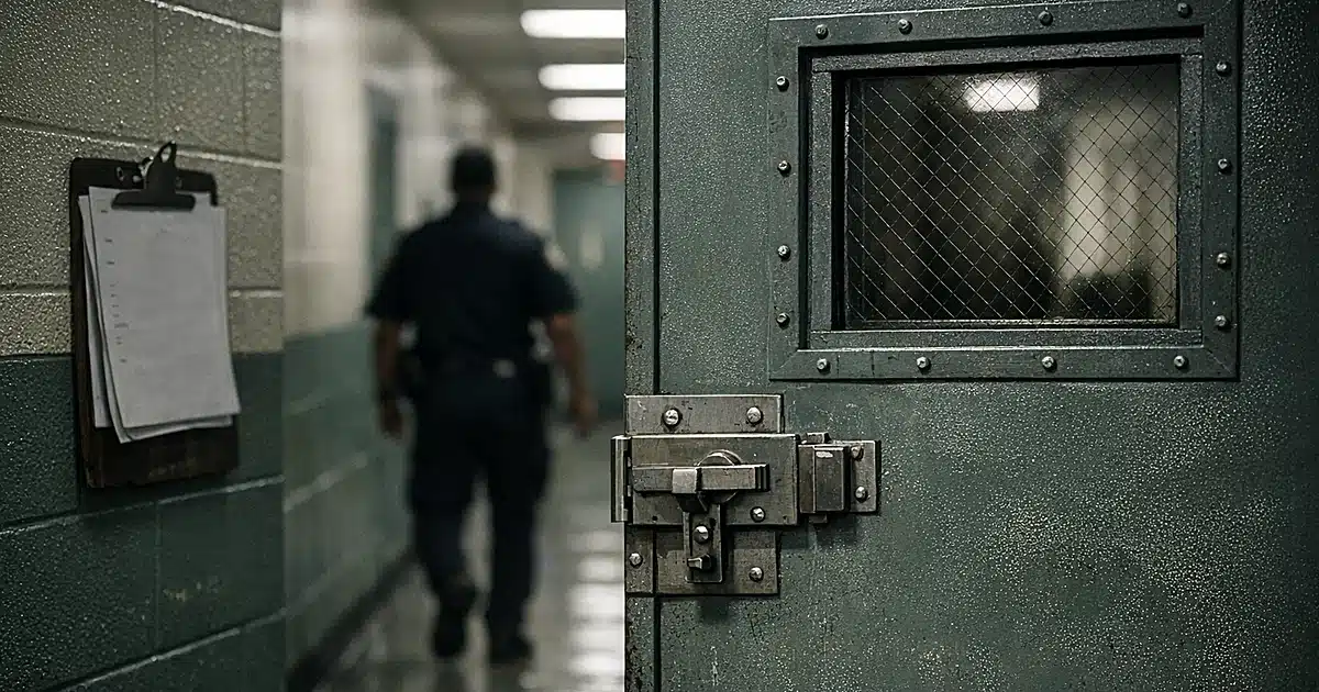 Juvenile detention center corridor with reinforced security door and silhouetted officer walking away