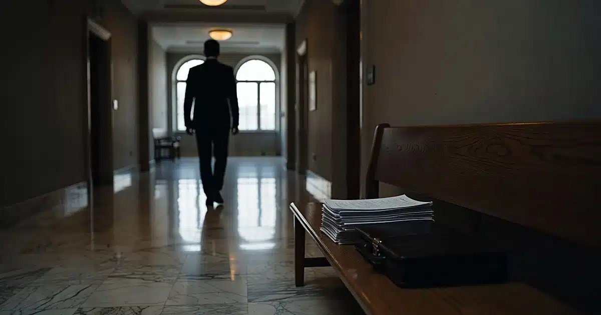 Silhouetted figure walking through courthouse hallway with legal documents on bench in foreground