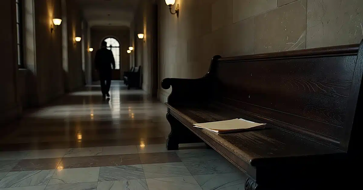 Silhouetted figure walking alone down empty courthouse corridor toward distant windows with bench in foreground