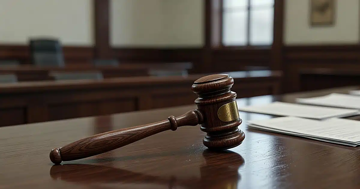Wooden gavel on courtroom bench with blurred gallery seating in background