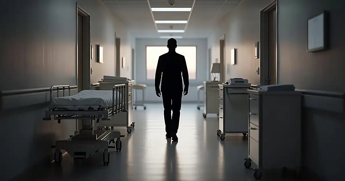 Silhouetted figure walking through hospital corridor toward morning light with medical equipment along walls