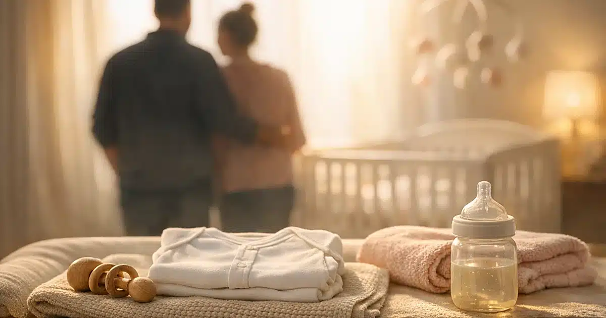 Baby essentials on changing table with warm afternoon sunlight streaming through curtains in soft focus background