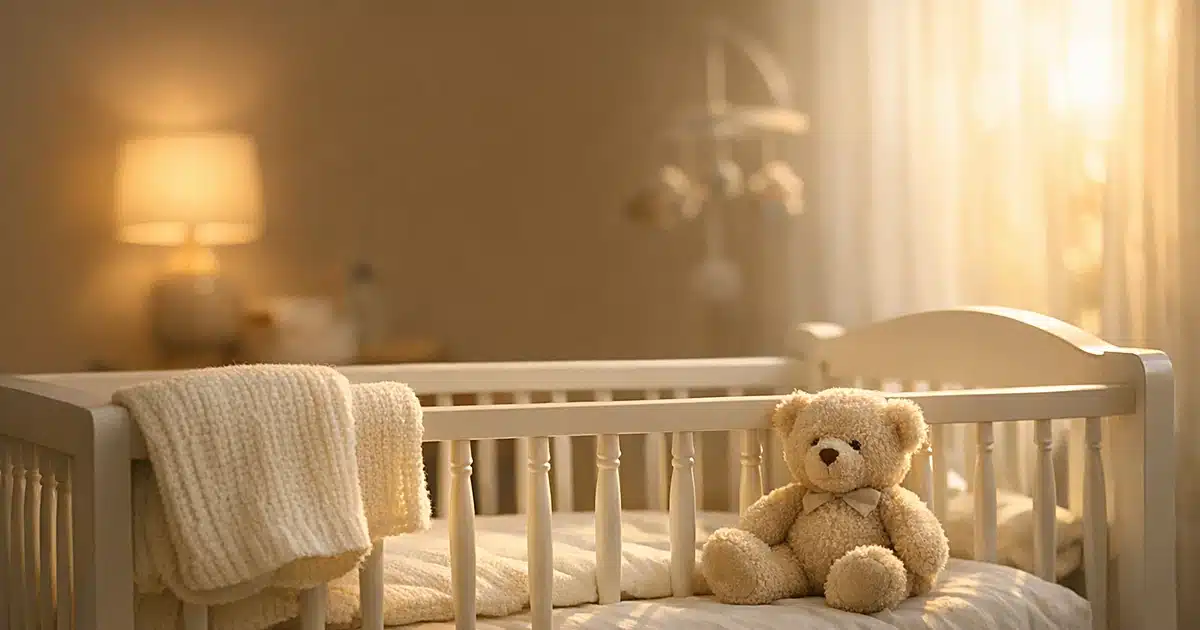 Empty white wooden crib in softly lit nursery with warm afternoon sunlight streaming through curtains