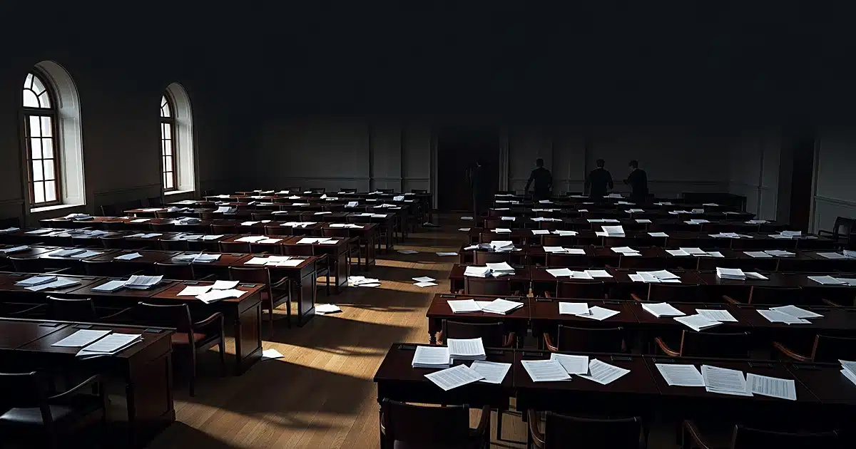 Empty legislative chamber with scattered papers on desks, dramatic side lighting creating shadows across floor