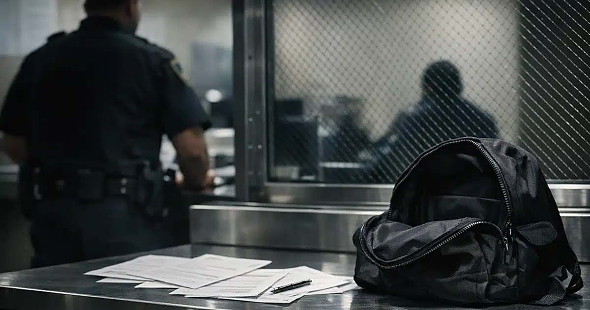Police booking station counter with open backpack and silhouetted officer processing intake paperwork