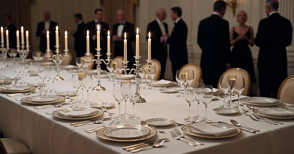 Formal state dinner table with crystal glassware and elegant place settings under candlelight