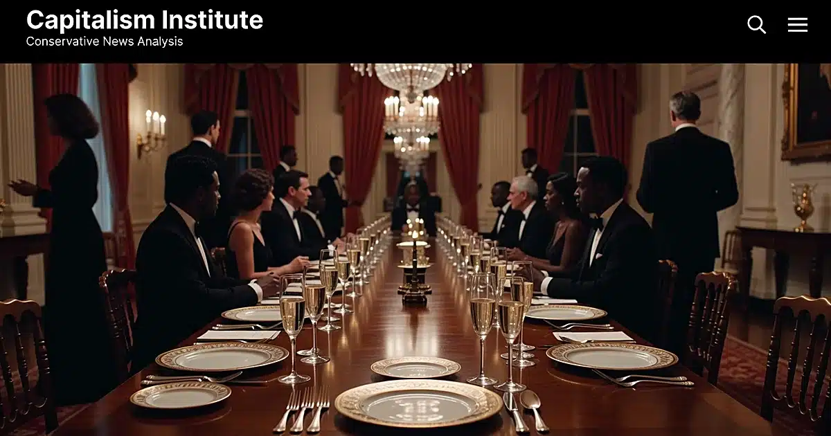 Formal White House state dinner table with crystal glassware and elegant place settings, silhouetted guests in background