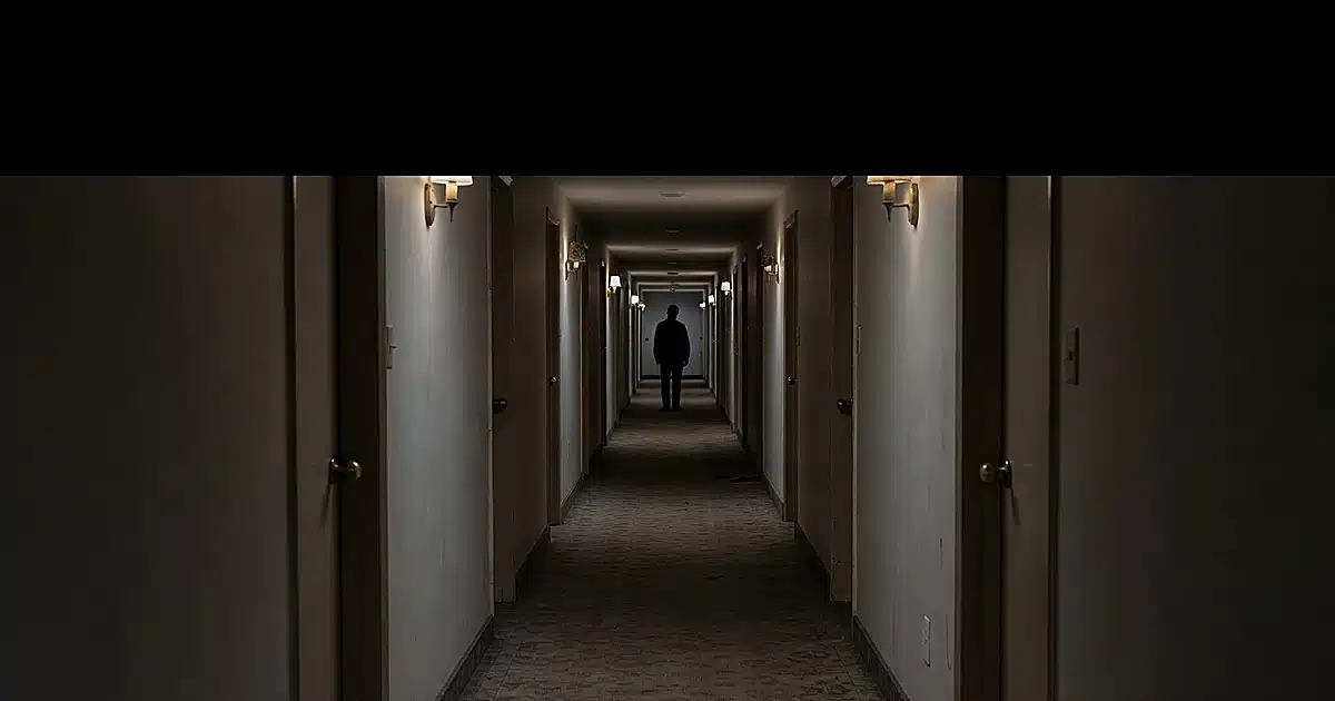 Dark hotel corridor with figure silhouetted at far end, institutional lighting casting shadows on worn carpet