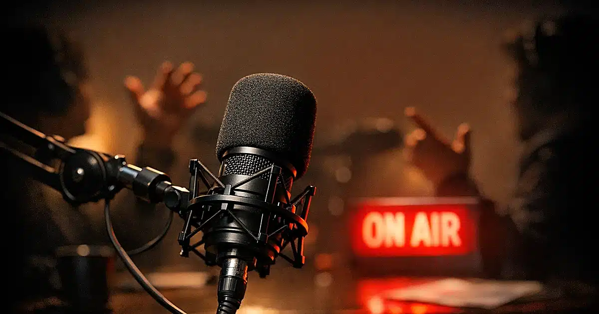 Professional podcast microphone with ON AIR light and silhouetted hands gesturing in broadcast studio