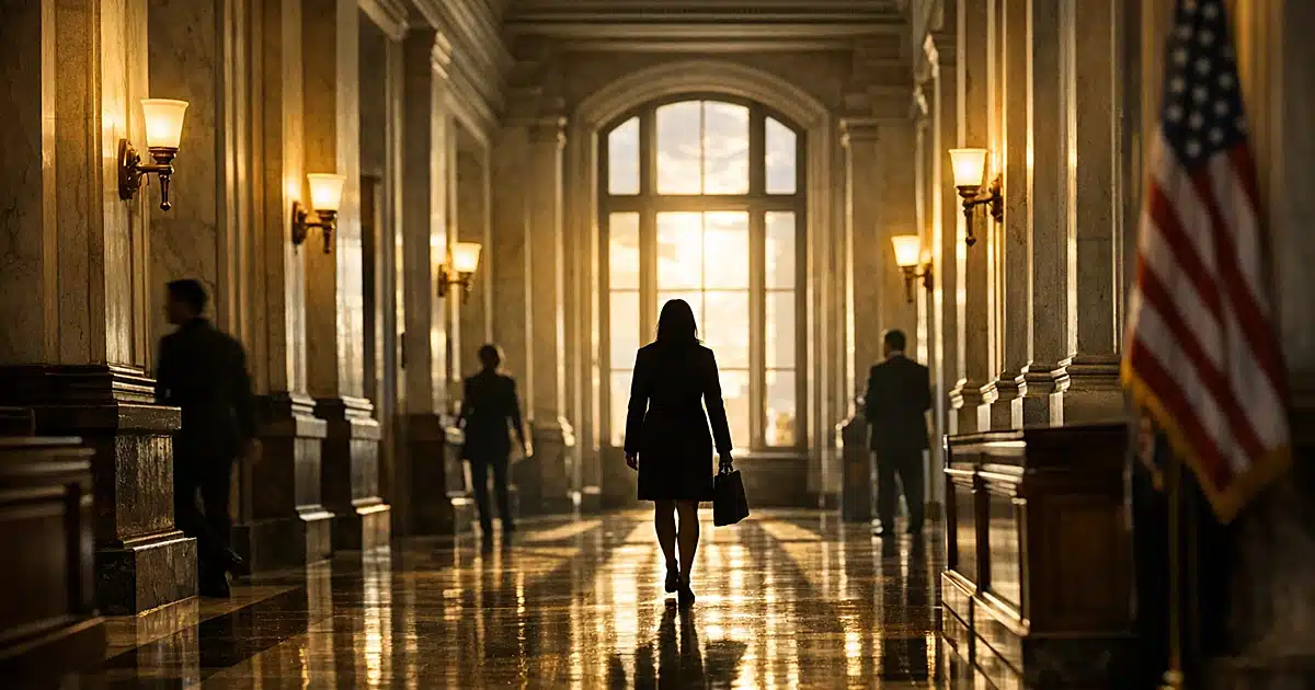 Silhouetted figure walking through empty government building hallway with dramatic window light