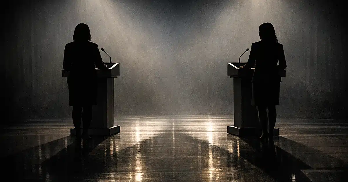 Two silhouetted figures at podiums with shadows reaching toward each other, representing a narrowing political race