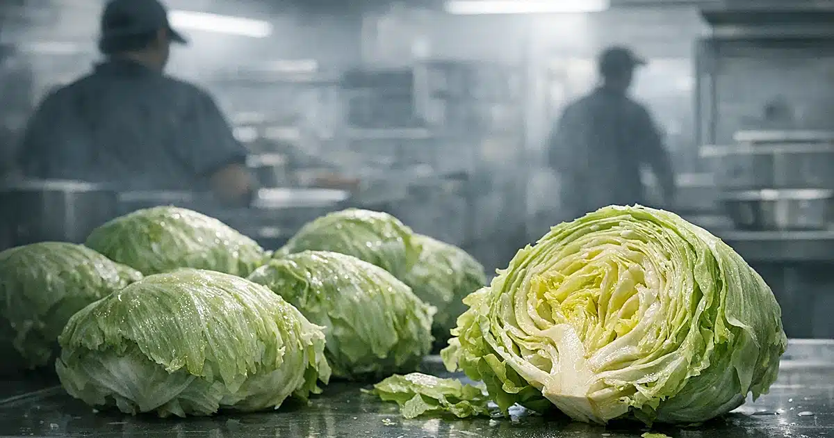 Iceberg lettuce on commercial kitchen surface with worker silhouettes in background under fluorescent lighting