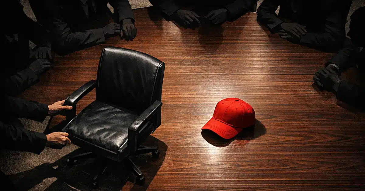 Empty boardroom chair pulled away from table with red cap sitting alone on surface as silhouettes gather around