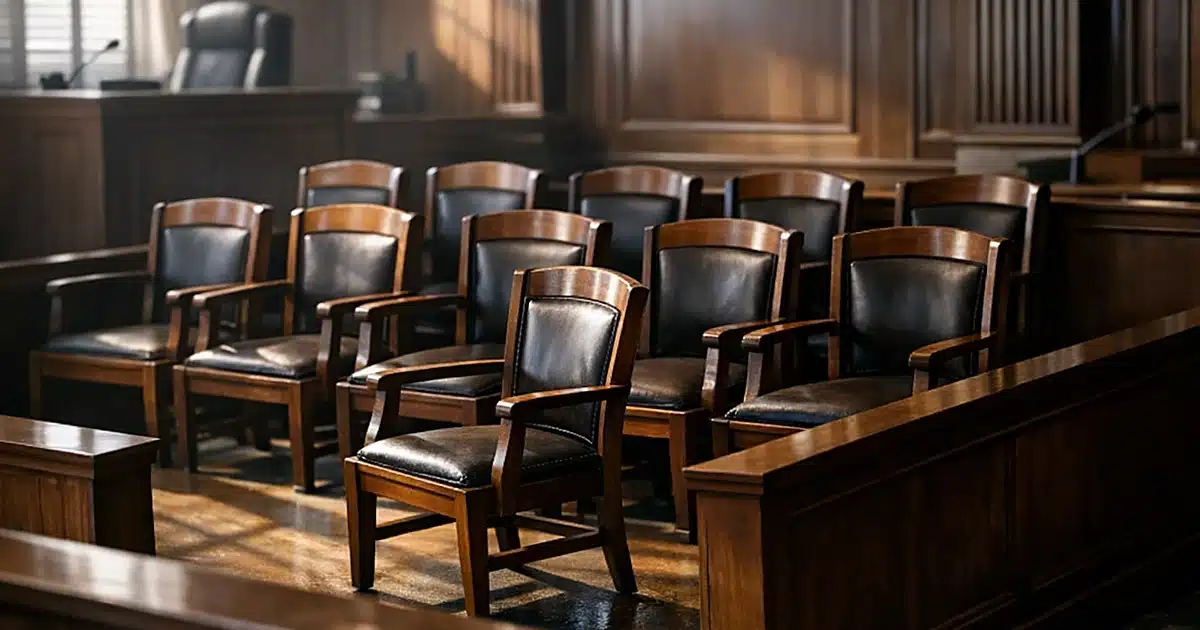 Empty courtroom jury box with twelve wooden chairs, one chair separated from the group in dramatic window lighting