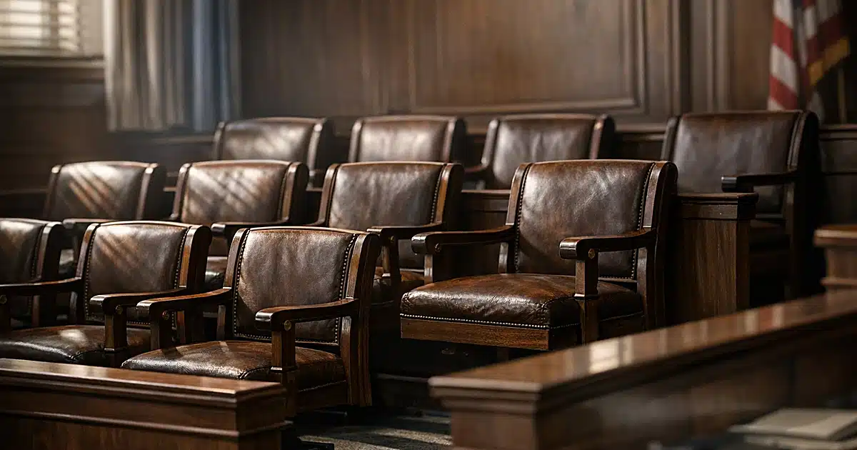 Empty jury box chairs in a courtroom with dramatic side lighting and dark wood paneling in background