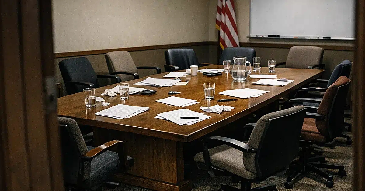 Empty jury deliberation room with scattered papers and chairs around a wooden table after lengthy trial deliberations
