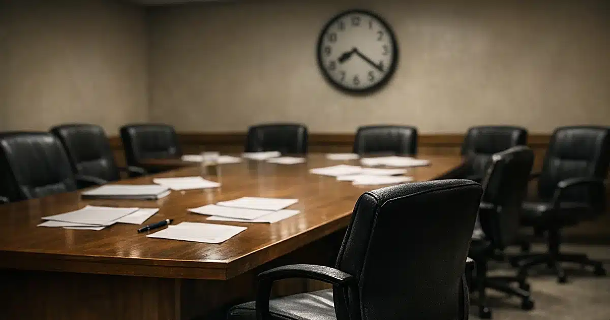 Empty jury deliberation room with scattered papers and chairs pushed back from table in disarray