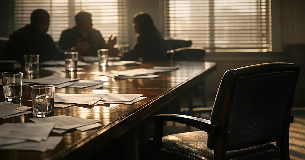 Empty jury deliberation room with scattered papers and chairs pushed back from conference table in afternoon light