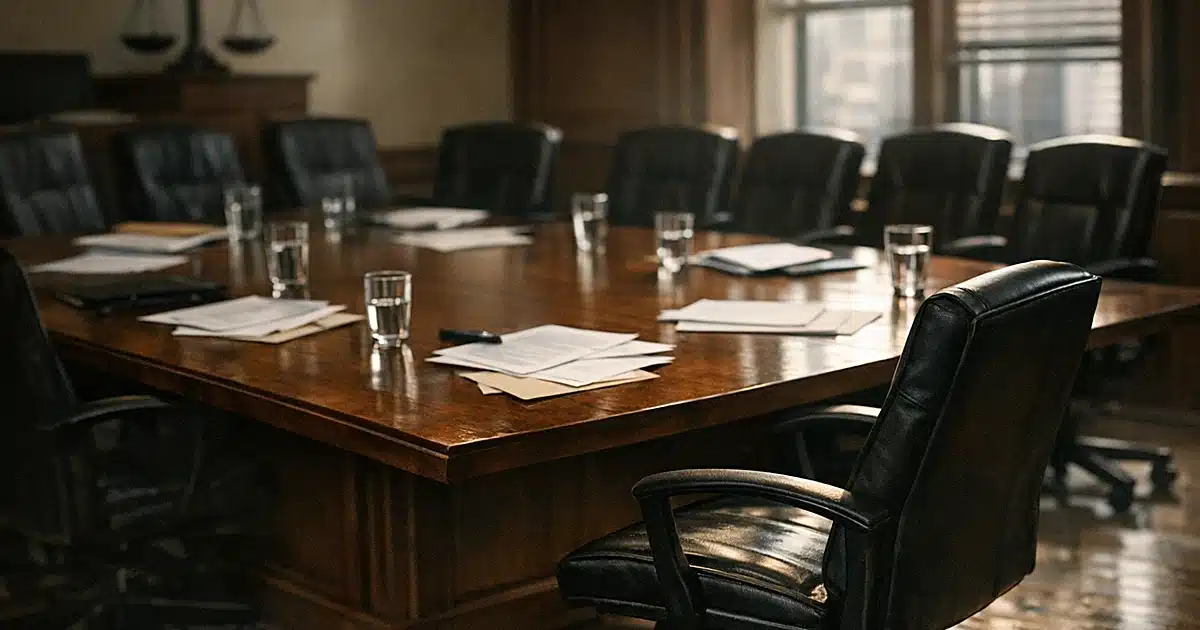 Empty jury deliberation room with scattered papers and pushed-back chairs around a wooden conference table